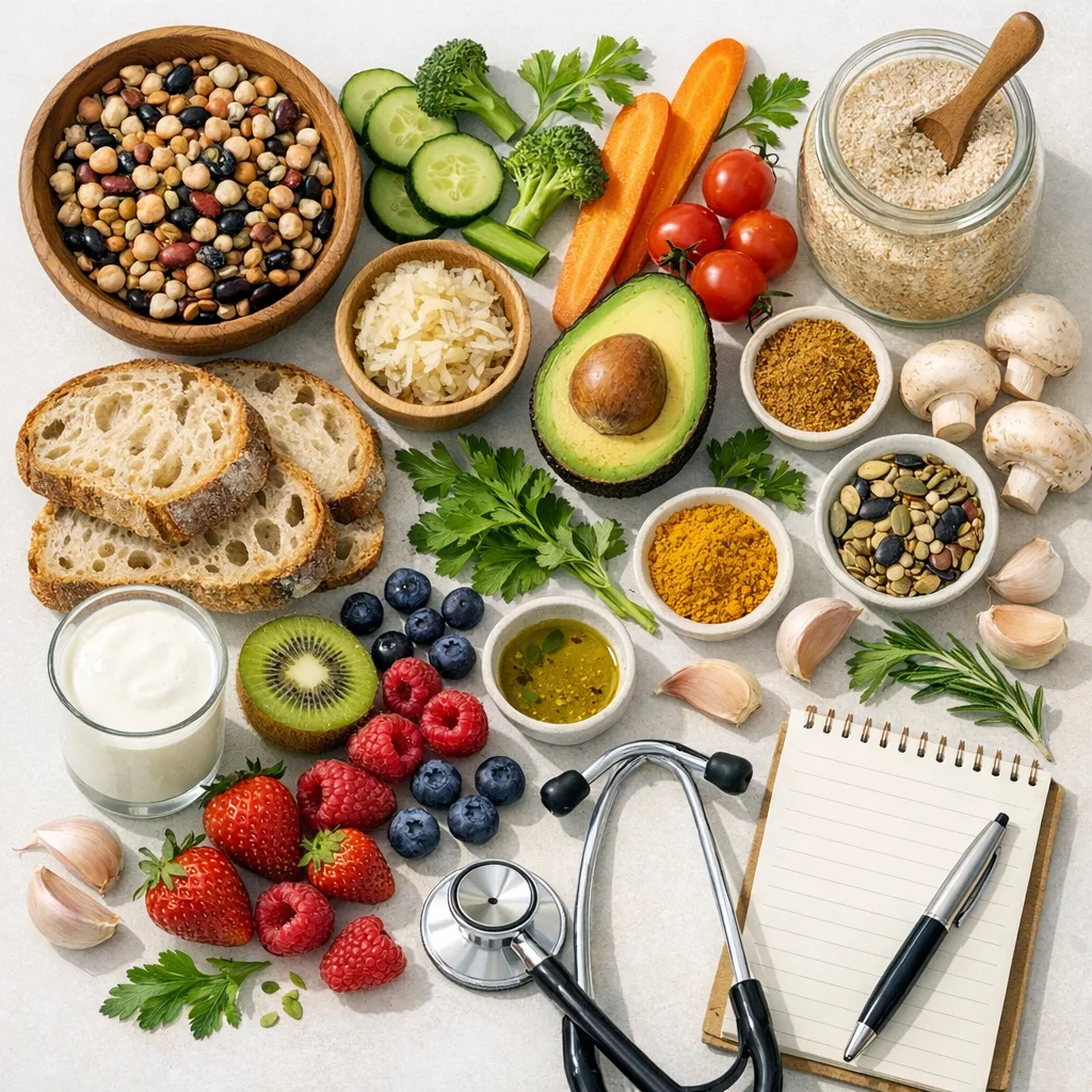 Overhead spread of gut-friendly foods including sourdough, avocado, berries, turmeric, seeds and yoghurt, with a stethoscope and notepad
