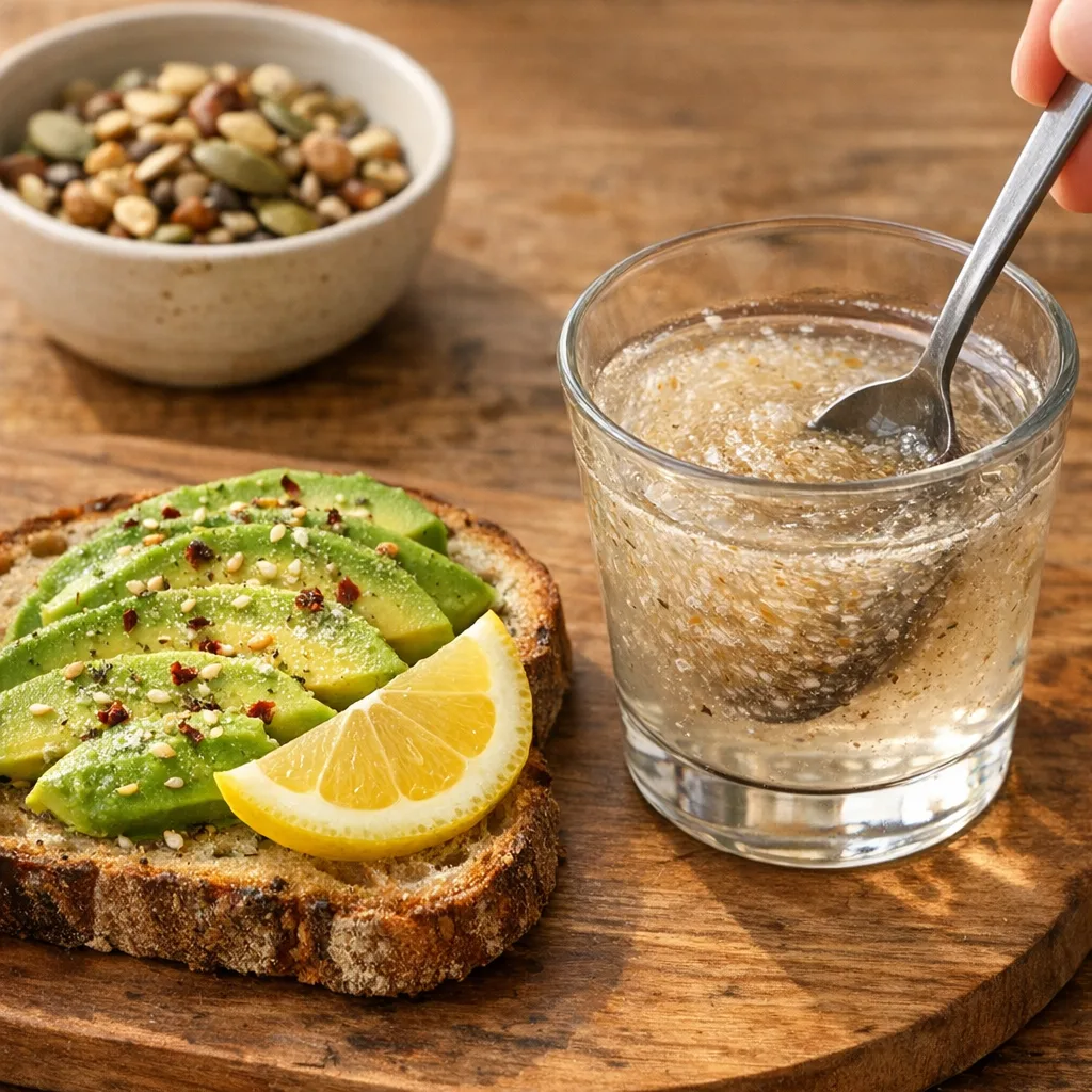 Avocado on sourdough toast with lemon, beside a glass of a fibre drink