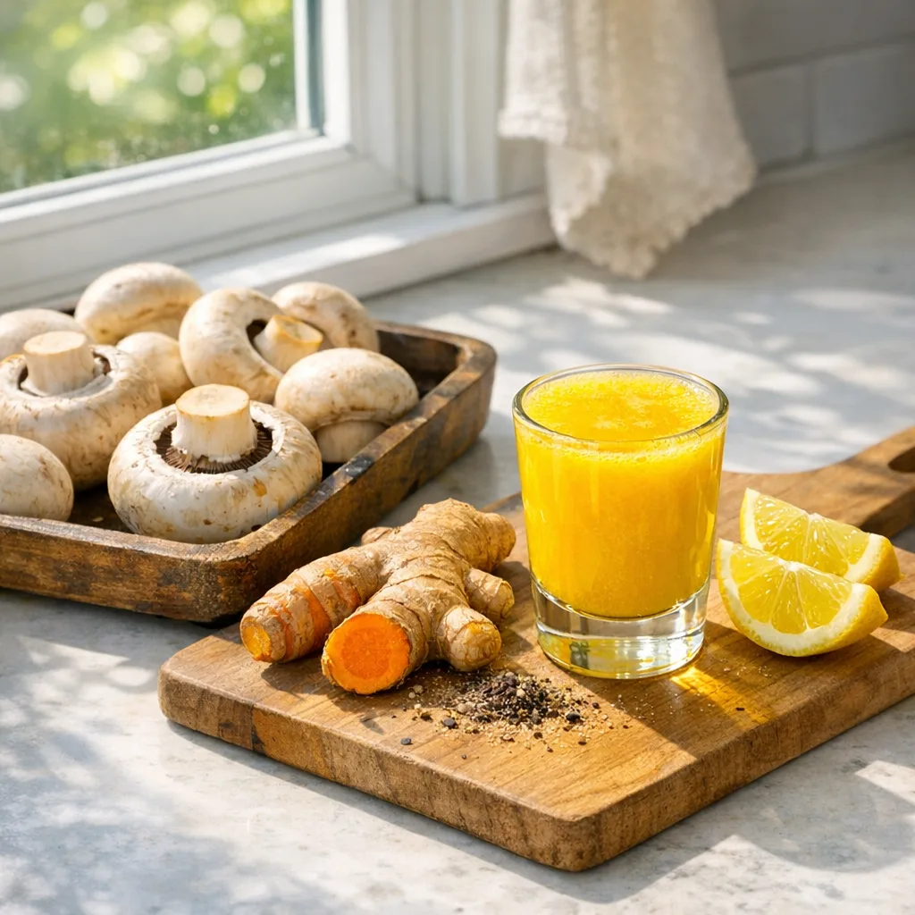Mushrooms in a wooden tray beside fresh turmeric root, a glass of juice, lemon and cracked pepper