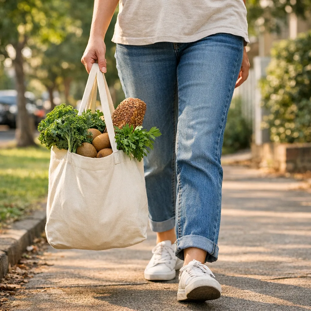 A person carrying a canvas bag of fresh vegetables and bread while walking