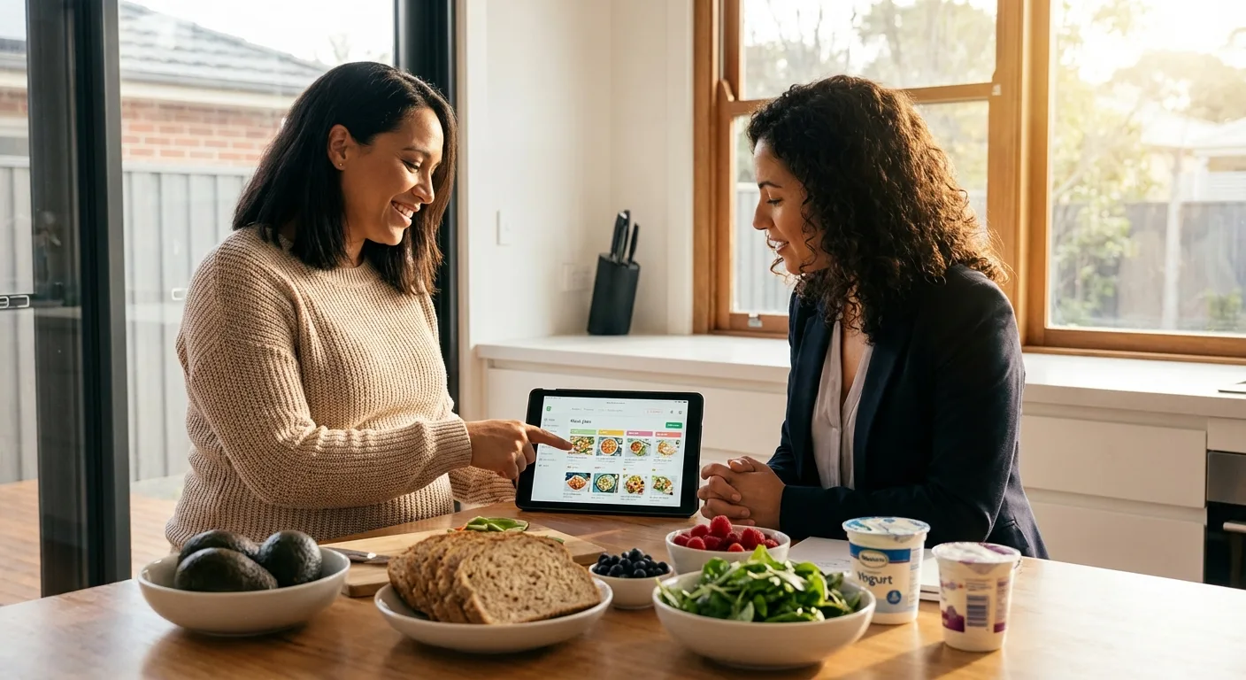 A dietitian and a client looking at a tablet together at a kitchen table spread with wholefoods