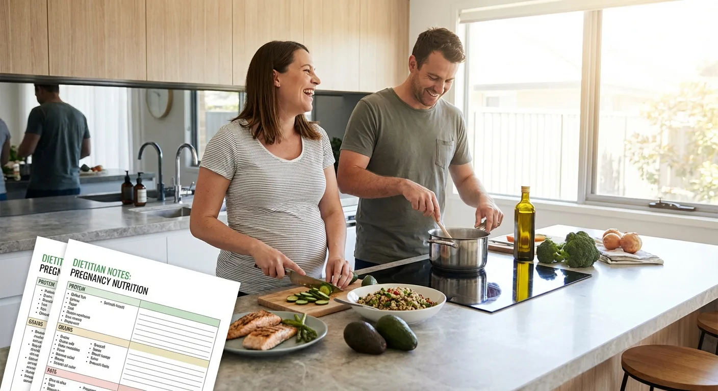 A couple cooking a meal together in a kitchen with a pregnancy nutrition plan on the bench