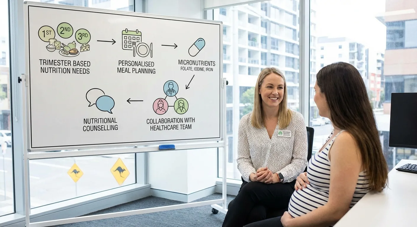 A dietitian in consultation with a pregnant client, beside a diagram of trimester-based nutrition planning