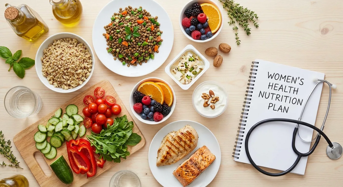 A spread of wholefoods around a notebook headed Women’s Health Nutrition Plan