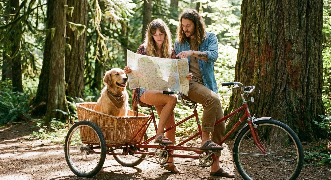 Two people pausing to read a map on a bush trail, with a dog sitting in the bike basket