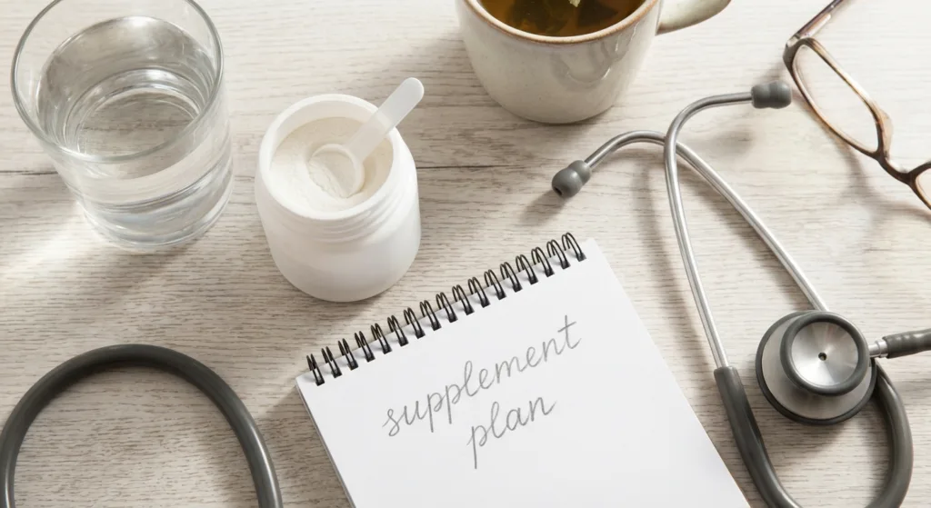 A tub of creatine powder with a scoop, beside a notepad reading supplement plan, a glass of water and a stethoscope