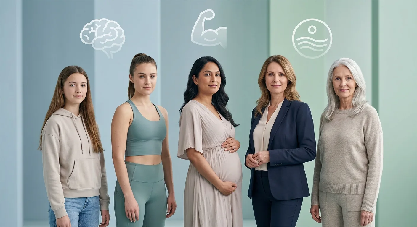 Five women at different life stages standing together, one visibly pregnant