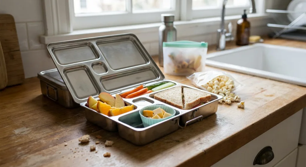 A stainless steel bento lunchbox on a kitchen bench packed with fruit, vegetables and snacks