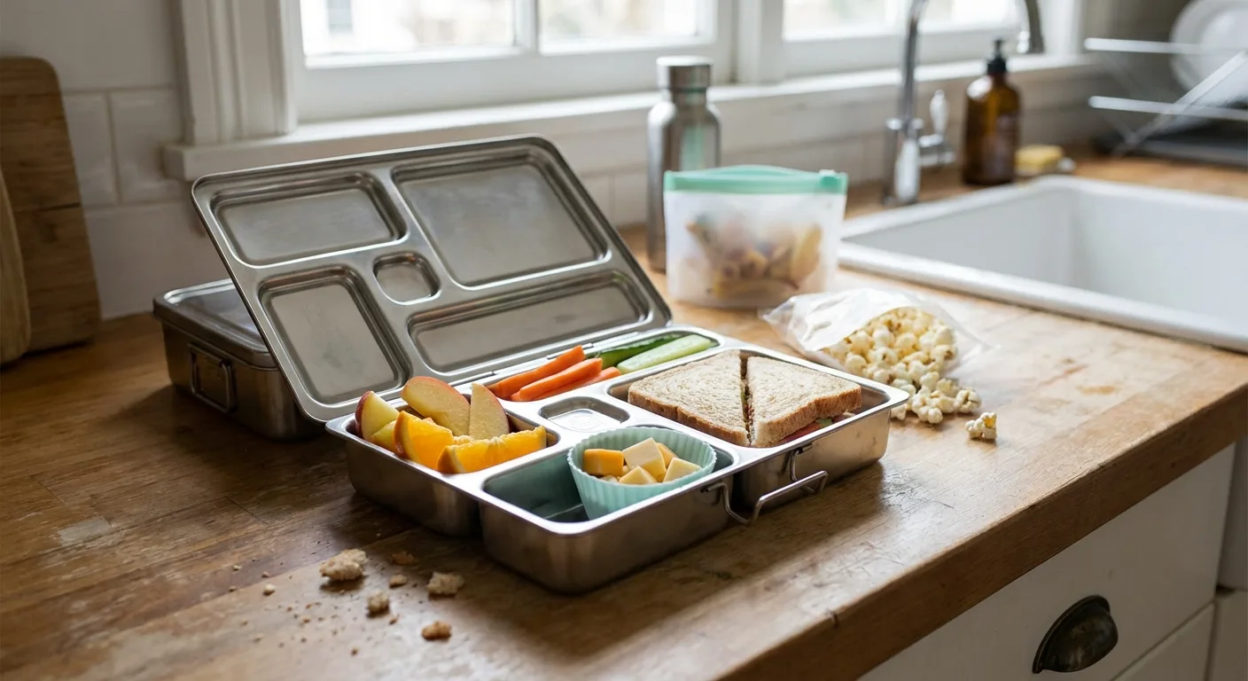 A stainless steel bento lunchbox on a kitchen bench packed with fruit, vegetables and snacks