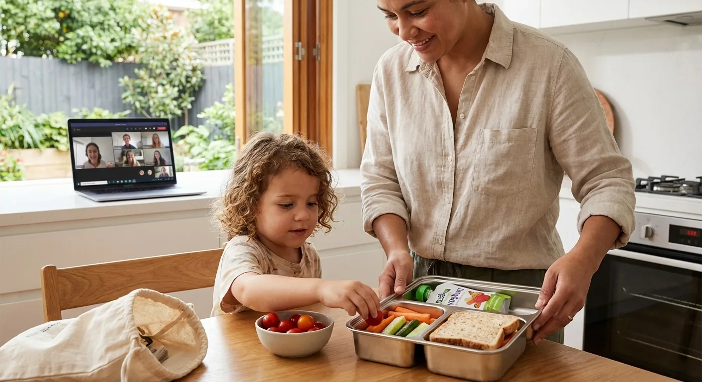 A parent and young child packing a bento-style lunchbox together at a kitchen bench