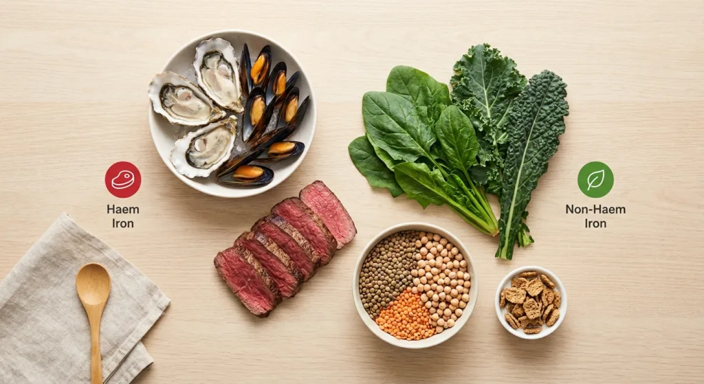 Iron-rich foods laid out and labelled haem and non-haem, including oysters, mussels, red meat, kale, spinach, lentils and seeds