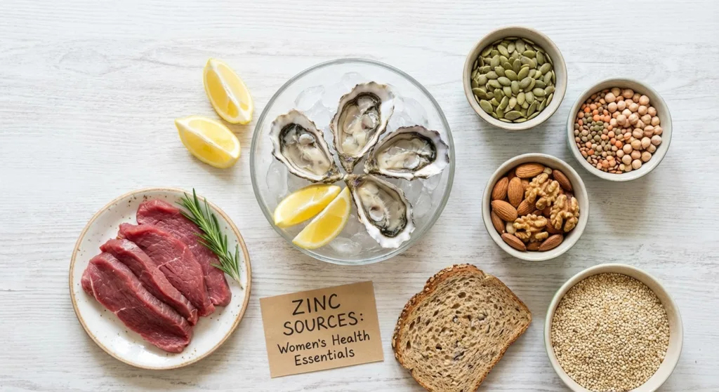 Zinc-rich foods around a card reading zinc sources, including red meat, oysters, seeds, nuts and wholegrain bread