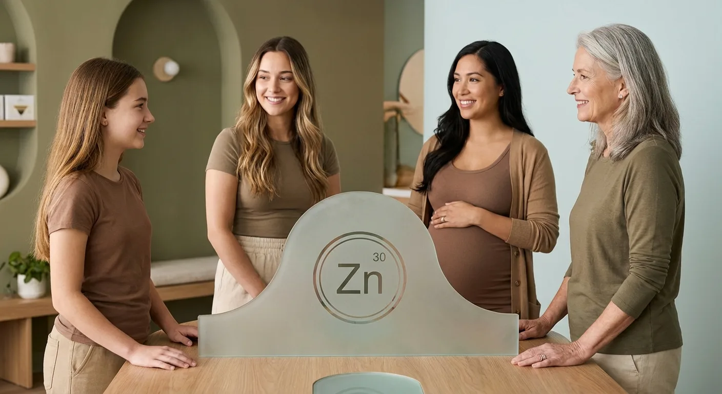Women of different life stages standing beside a large zinc element symbol