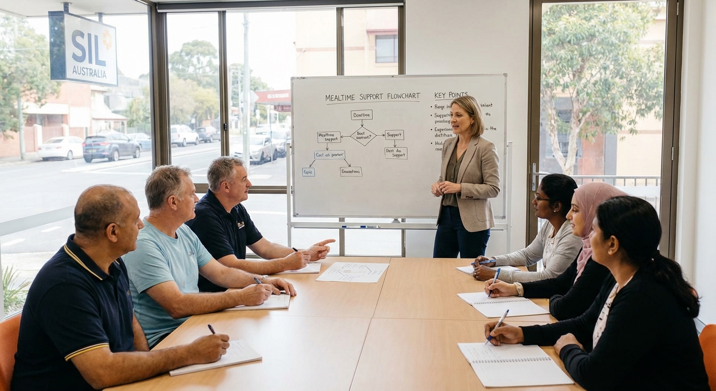Dietitian leads SIL support workers through mealtime support flowchart, highlighting eating disorder nutrition training gap