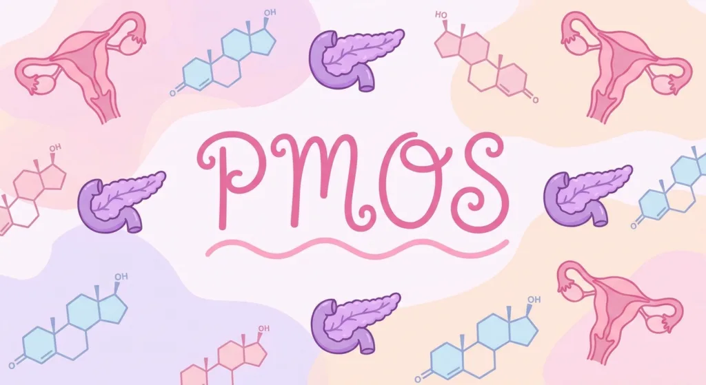 Pink and lilac graphic with the letters PMOS surrounded by illustrations of ovaries and hormone molecules