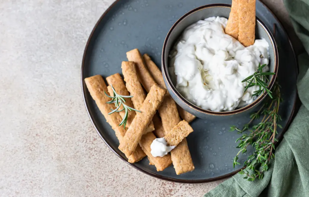 Butter bean dip with seed crackers