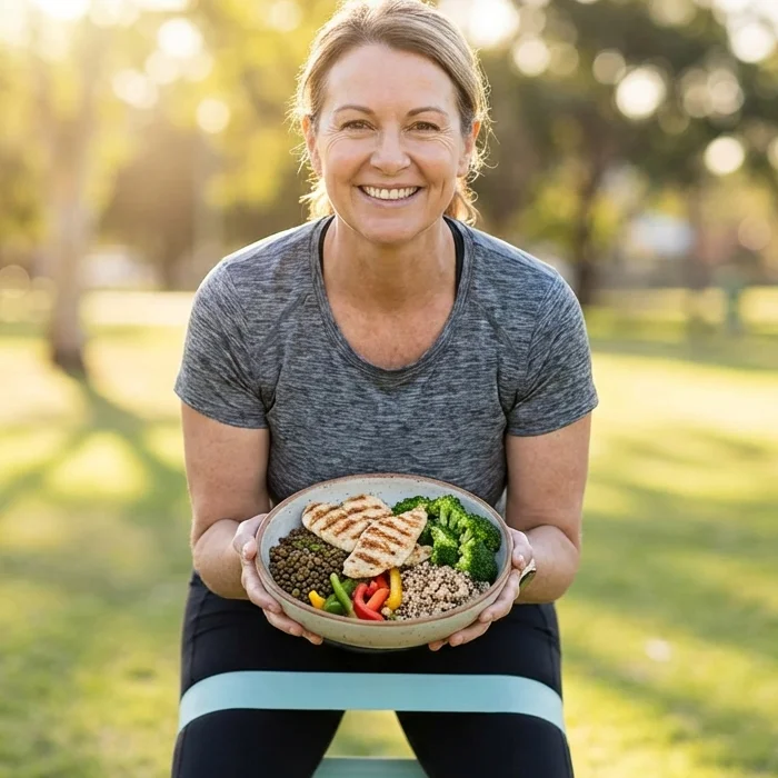A smiling woman outdoors holding a bowl of grilled chicken, grains and vegetables