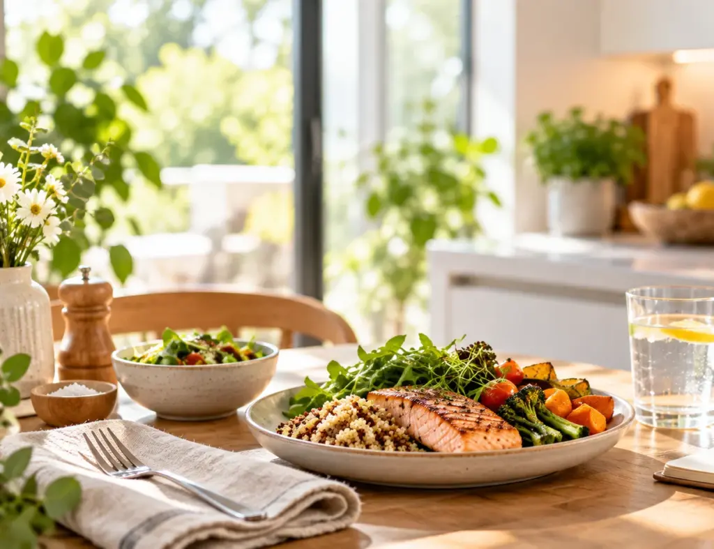 A sunlit kitchen table set with a plate of salmon, quinoa and roasted vegetables, a green salad and a glass of water
