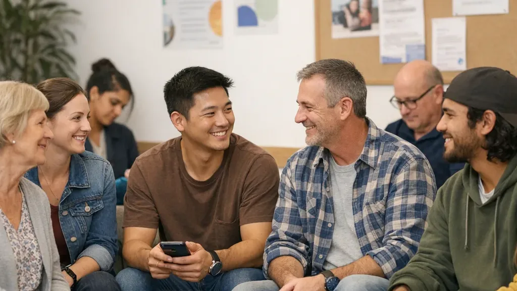 A group of adults sitting together and talking in a community room