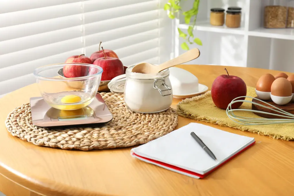 Sunlit kitchen table with a notebook and pen, a bowl of eggs and apples and a set of scales