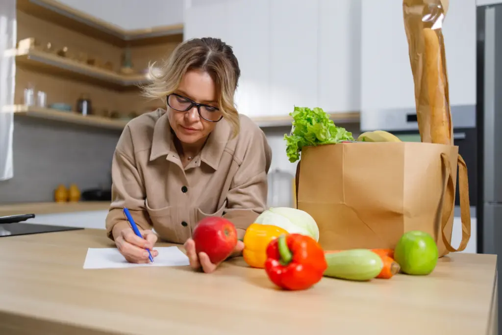 A woman writing a shopping list at a kitchen bench beside a bag of fresh vegetables and fruit
